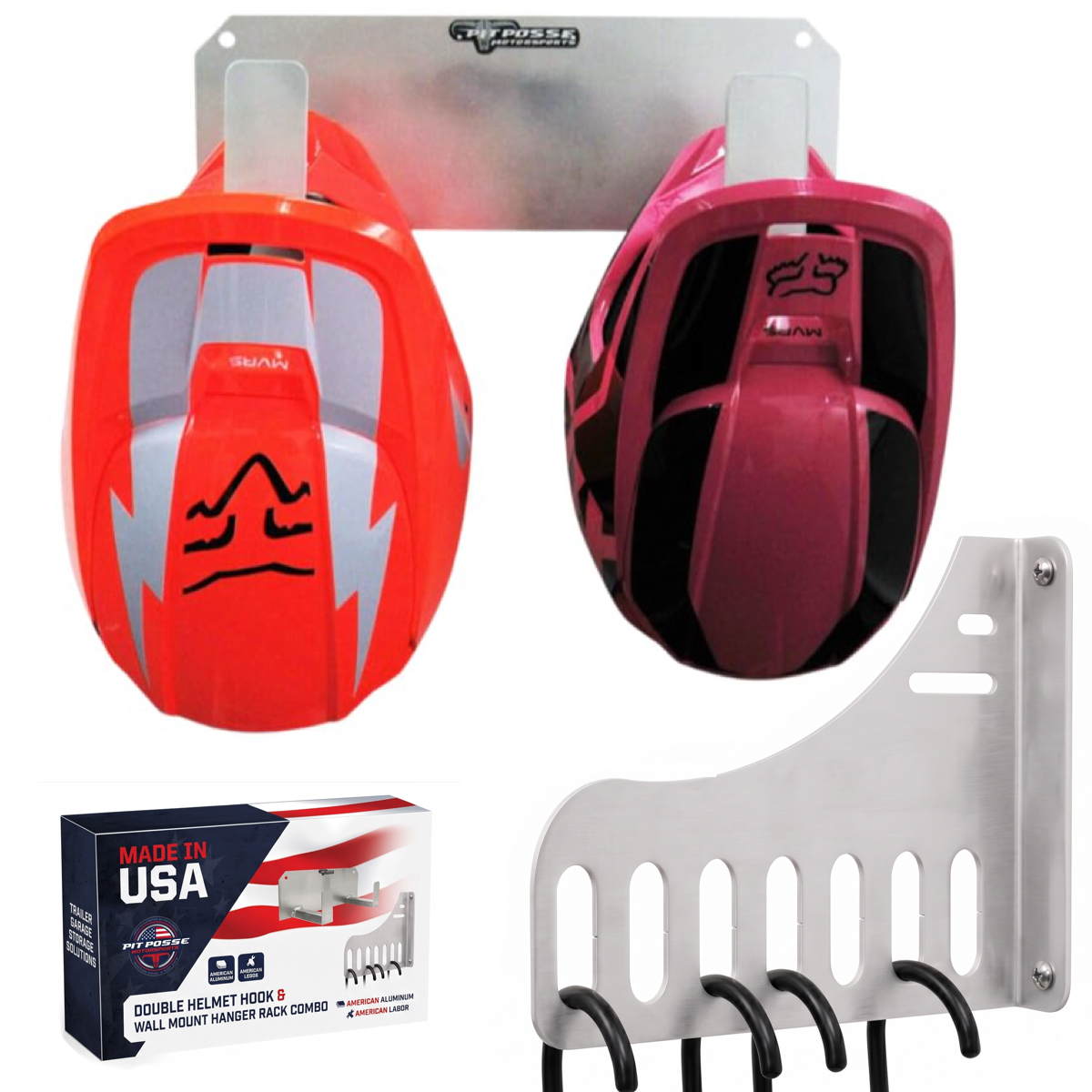 Pit Posse Wall Mount Double Helmet Hook and Garment Hanger Rack Combo Kit